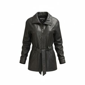 Kenneth Cole Black Leather Belted Zip-Front Jacket